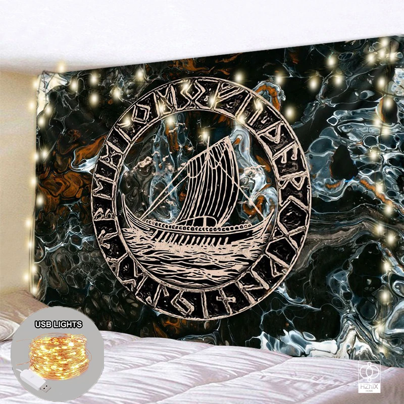 

Nordic Ximant Viking Tapestry with Lights Psychedelic Rune Tapestries Wall Hanging for Bedroom Decor Lving Room Home Decoration