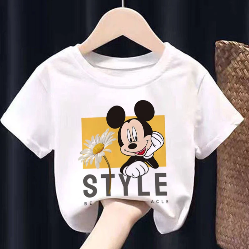 

New Disney T-shirts Mickey Minnie Girls Summer Clothes Pink White Kids Clothes Boys Cute Tops Fashion Casual Crew Neck 2022 Tee