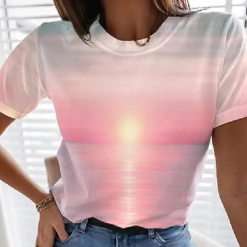 

Women's round neck T-shirt, 3D seascape printing, comfortable and casual, the best women's oversized T-shirt