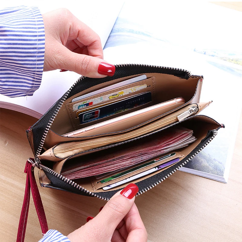 Женский винтажный кожаный кошелек на молнии вместительный бумажник с ремешком