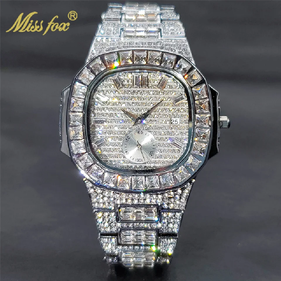 

MISSFOX Men's Watch Iced Out Luxury Designer Hip Hop Streetwear Baguette Men Wristwatches Stainless Steel Diamond Jewelry New