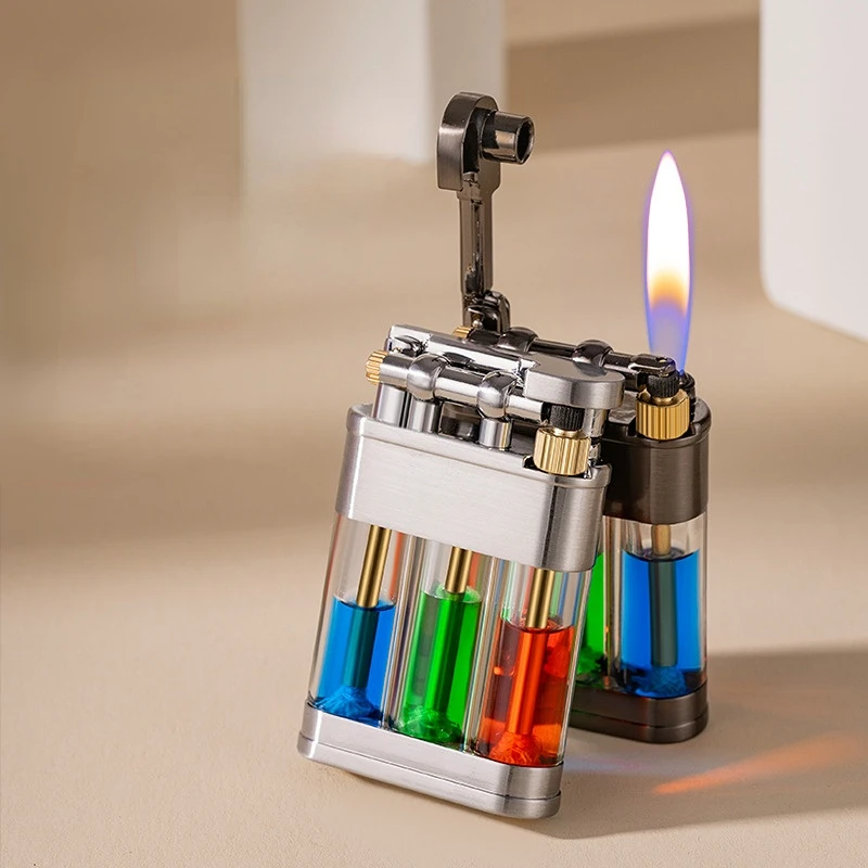 

New Three-color Large Capacity Transparent Oil Bin Kerosene Lighter Retro Grinding Wheel Open Fire Creative Igniter Men's Gifts