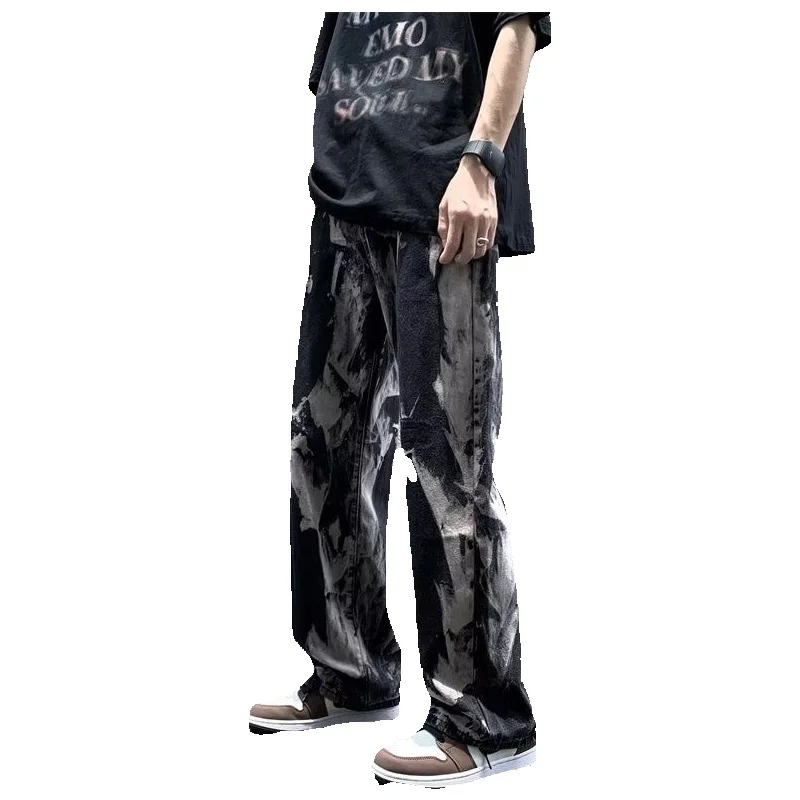 Tie Dye Black Jeans Men's Fashion Retro Casual Straight Jeans Men Japanese Streetwear Hip Hop Loose Denim Pants Mens Trousers