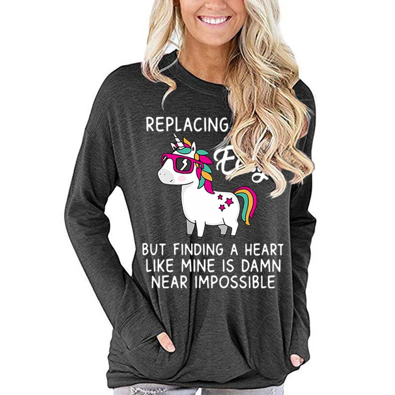 Funny Cute Unicorn T Shirts Women Satirical Humor Tops Replacing Me Is Easy Letter Graphic Tshirts Long Sleeve T-shirts
