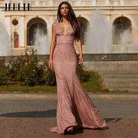 jeheth pink sexy deep v neck sparkle mermaid evening dress for women backless sleeveless prom gown sweep train robes de soir%c3%a9e