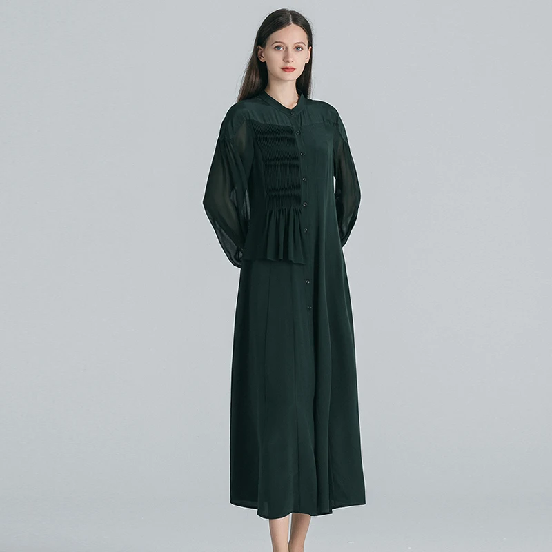 

Green Crepe De Chine Silk Stand Collar Dresses Women Splice Georgette Lantern Long Sleeve Single Breasted Shirt Dress AE1785