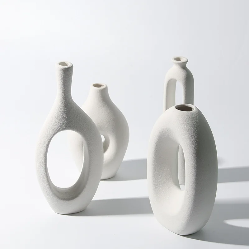 

Nordic Minimalist White Ceramic Vase Flower Pot Hollow Design Soft Decoration Living Room Porch Simulation Flower Arrangement