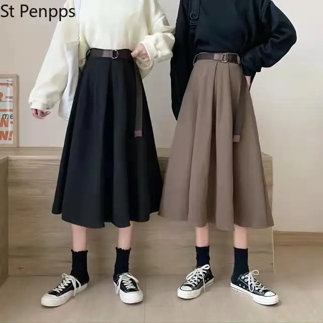 Solid Skirts Women Mid-calf High Waist Friends Korean Style Elegant College Spring Autumn All-match Jupe Mujer Faldas Female Ins | Женская