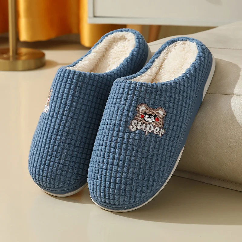 

Women's Cartoon Bear Plaid Warm Fleece Non-Slip Waterproof Indoor Outdoor Slides Anime Slippers