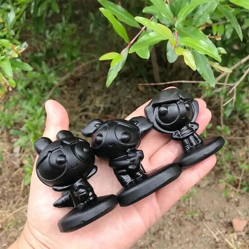 

3pcs Natural Obsidian Cartoon Carvings Quartz Hand Crystals Healing Polished Mineral Home Decoration Or As A Holiday Gift