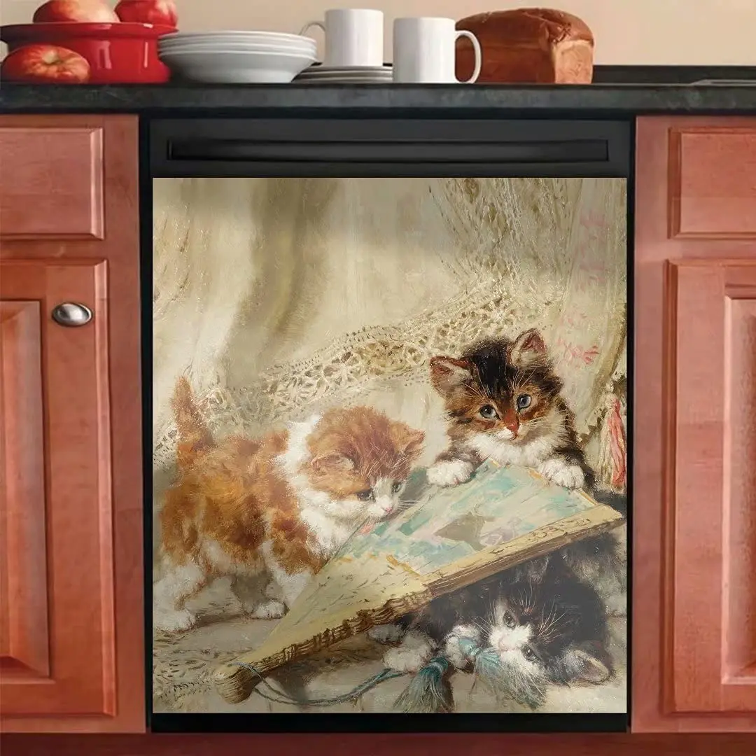 

Cute Home Pet Cat Play Art Oil Painting Magnet Dishwasher Cover Sticker Kitchen Decorative,Refrigerator,Washers,Cabinets Door Ma