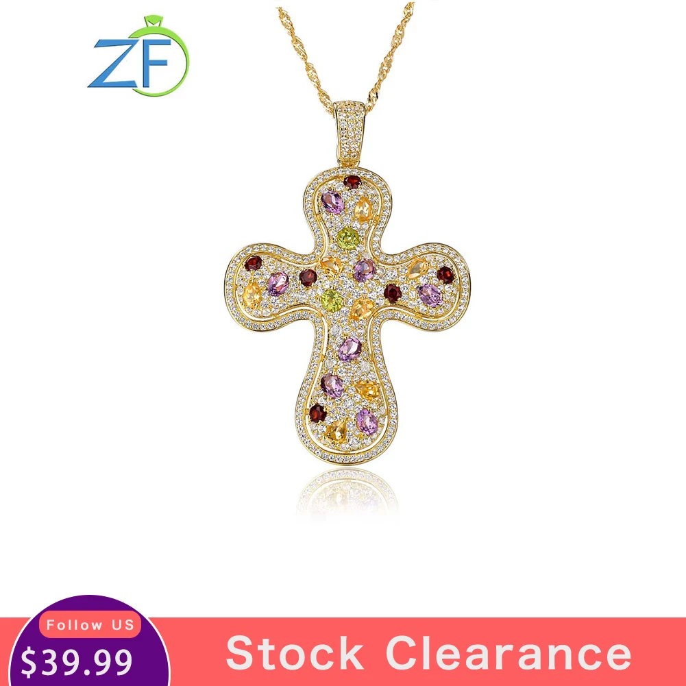 

GZ ZONGFA Real 925 Sterling Silver Necklace For Women 4ct Natural Citrine Garnet Mix Gem Cross Pendant Gold Plated Fine Jewelry