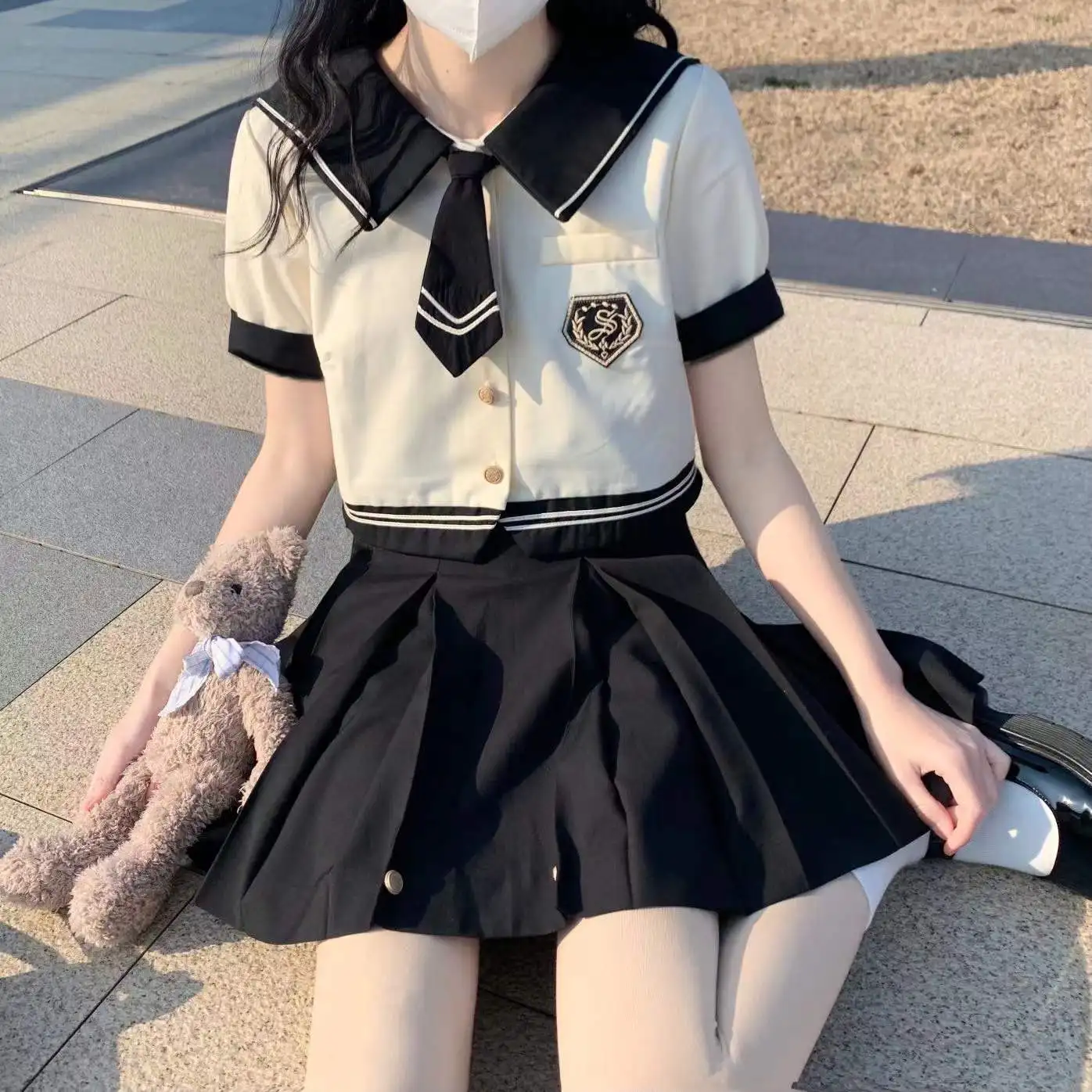 

Japanese JK Suit Sweet Two Piece Set for Women Crop Shirts High Waist Mini Pleated Skirt Sets Roupas Femme Summer Sets Outfits