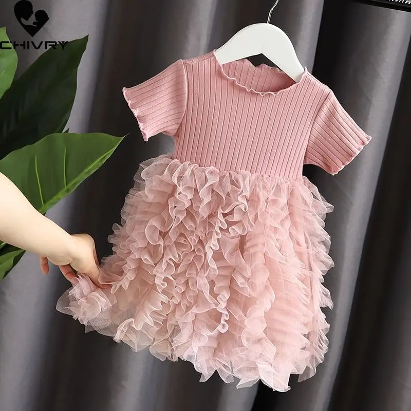 

Платья для девочек, лето 2022, детские платья с коротким рукавом и круглым вырезом для маленьких девочек, однотонные многослойные платья для д...