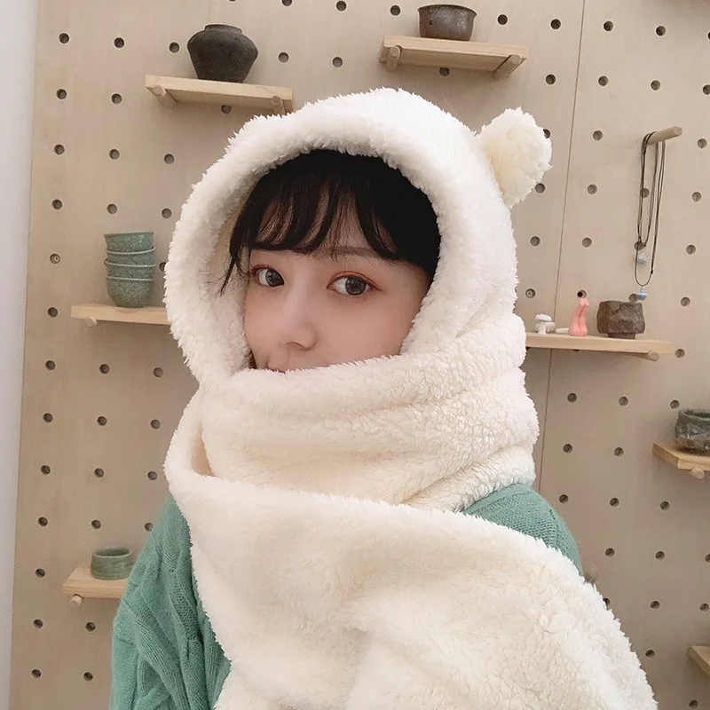 

New Cute Bear Ear Hat Scarf Gloves Set Winter Women Beanies Caps Warm Casual Plush Hats Casual Solid Fleece Girl Kawaii Present