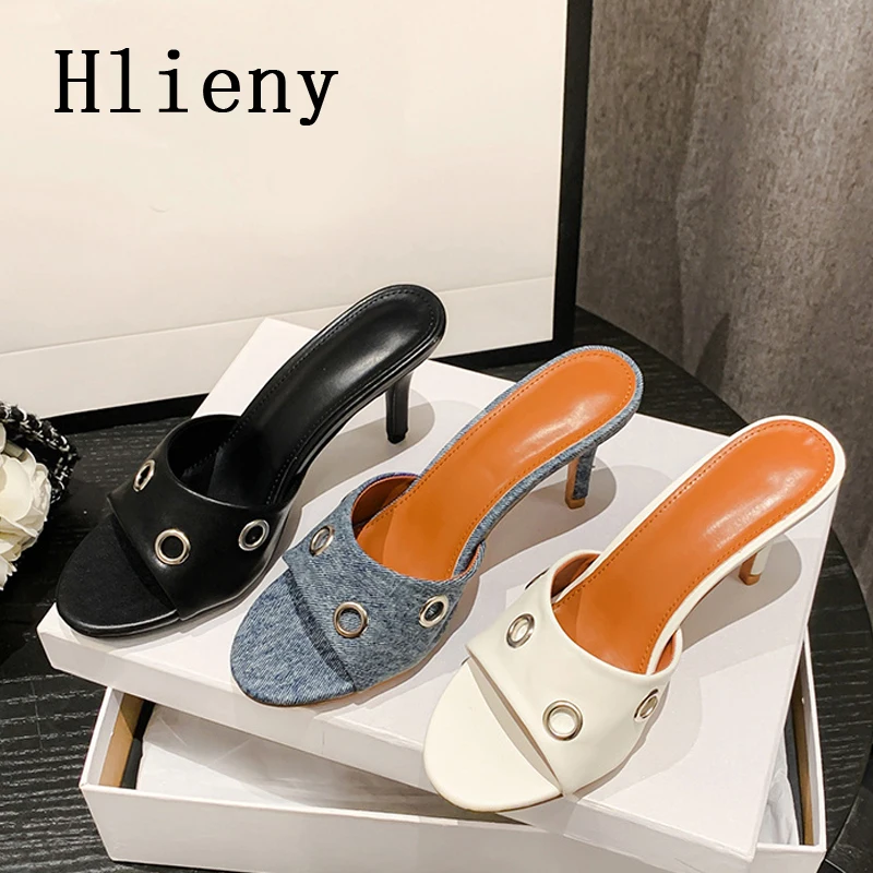 

Летние новые дизайнерские ковбойские женские шлепанцы Hlieny 2023 с закрытым круглым носком на тонком высоком каблуке, летняя искусственная обувь