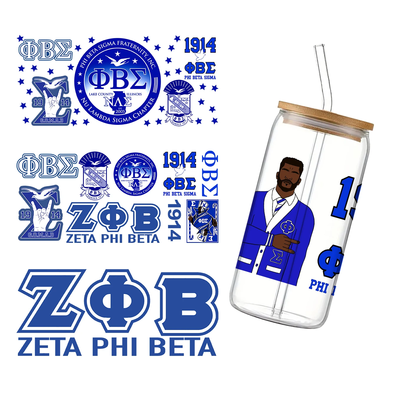 Фото 11x24 см Sorority Mixed SgRho Phi Beta Sigma For Libbey 16oz Банка Стекло 3D Водонепроницаемый УФ DTF Кофе Банка Wrap Libbey Glass Wrap №4