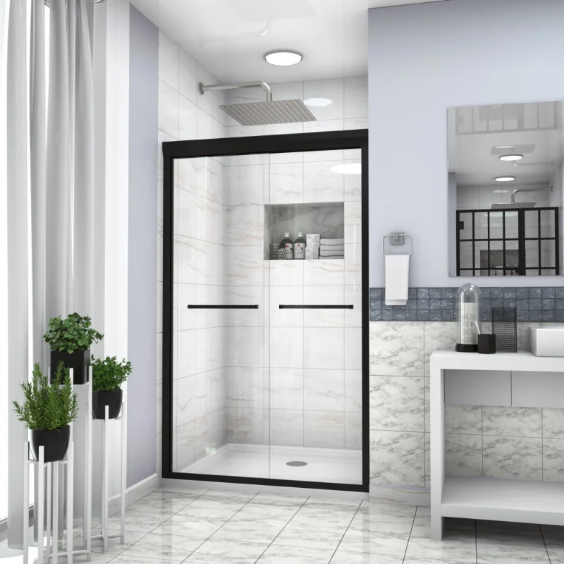 

Shower Door 48" W X 76"H Double Sliding Shower Enclosure Matte Black Matte Black Glass [US Stock]