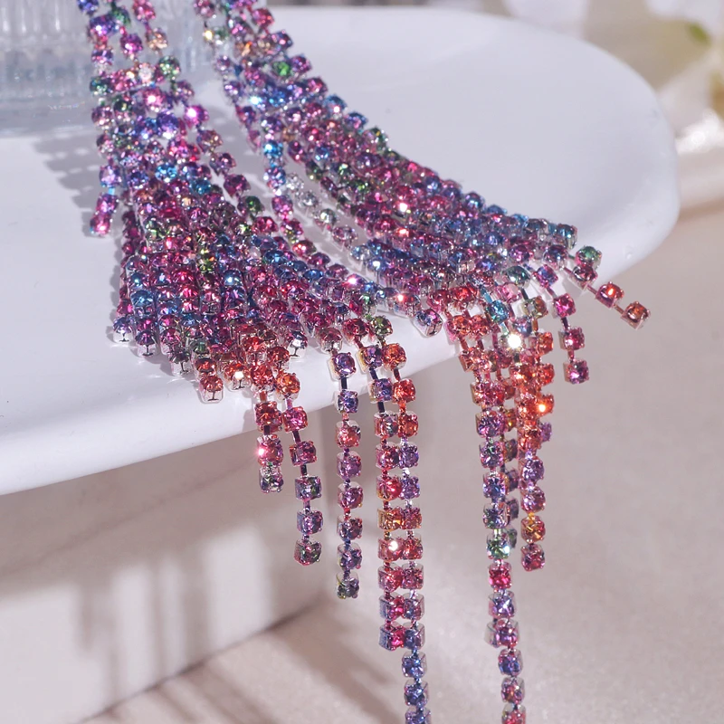 

Fashion Statement Geometric Earring Full Rhinestone Long Tassel Earrings for Women Evening Party Crystal Drop Dangle Earings