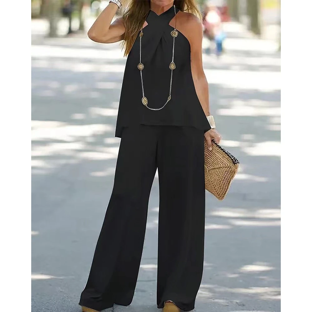 Fashion Sleeveless Halter V-Neck Top & High Waist Pants Set Office Wear Women Two-Piece Set Women Loose Outfits Casual Tracksuit