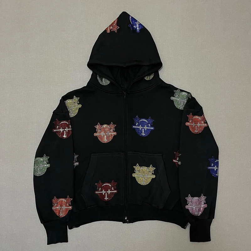 

Y2k jacket men Hip Hop grunge Sweatshirt Korean Fashion Punk Sport Coat Pullover Rhinestone Gothic letter Long Sleeve Zip Hoodie