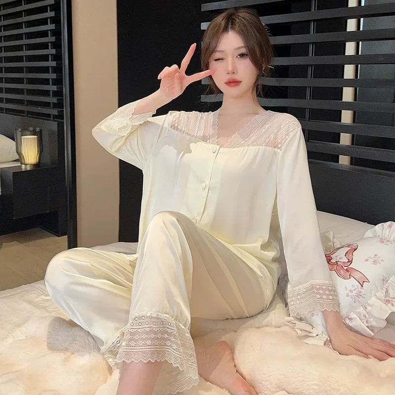Autumn Women's High-End Feel Ice Silk Pajama Set V-Neck Casual Cardigan Long Sleeves Korean Style Solid Color Homewear