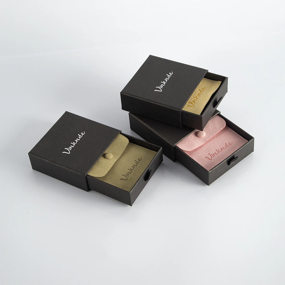 9x9x3.2cm DIY Drawer Box Custom Logo Slide Cardboard Jewelry Necklace Packaging Gift Organizer Case Microfiber Button Pouch Bag