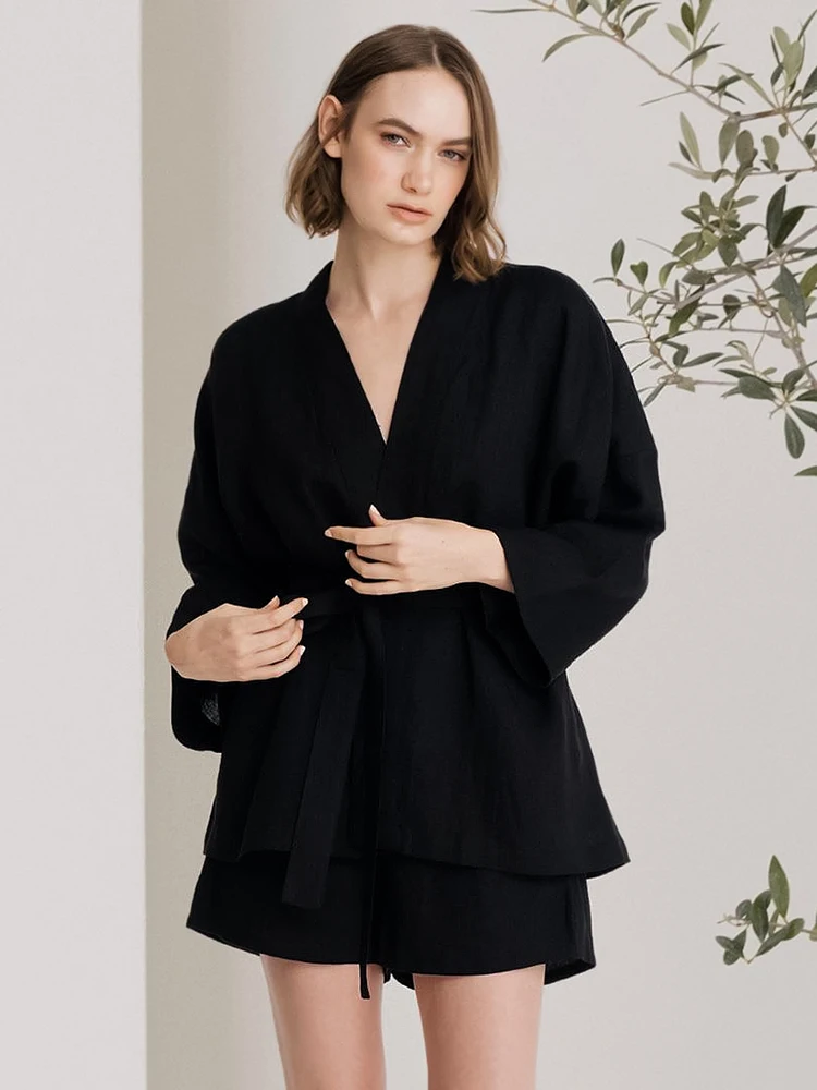 

Hiloc Black Cotton Sleepwear Women Robe With Shorts Sets Pocket Home Suit Two-Piece Women Nightwear 2022 Room Wear Female Set