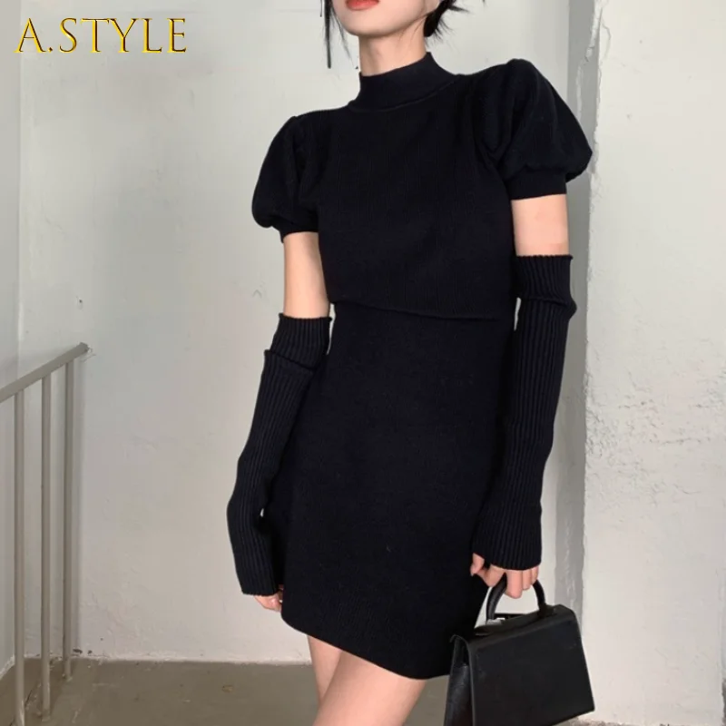 

2022 Knitted Bodycon Dress Sexy Puff Sleeve Sweater Mini Dress Women Evening Party One Piece Dress Korean Spring Clothing Chic