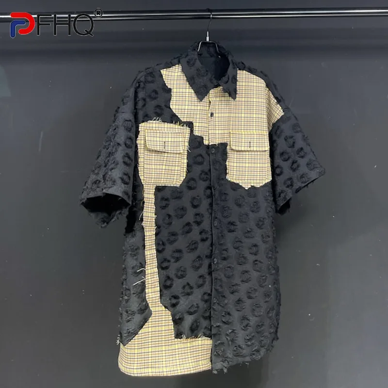 

PFHQ цветной контрастный лоскутный короткий рукав мужской Элегантный дизайнерский клетчатый Топ высокого качества 2023 летние топы Стильная о...