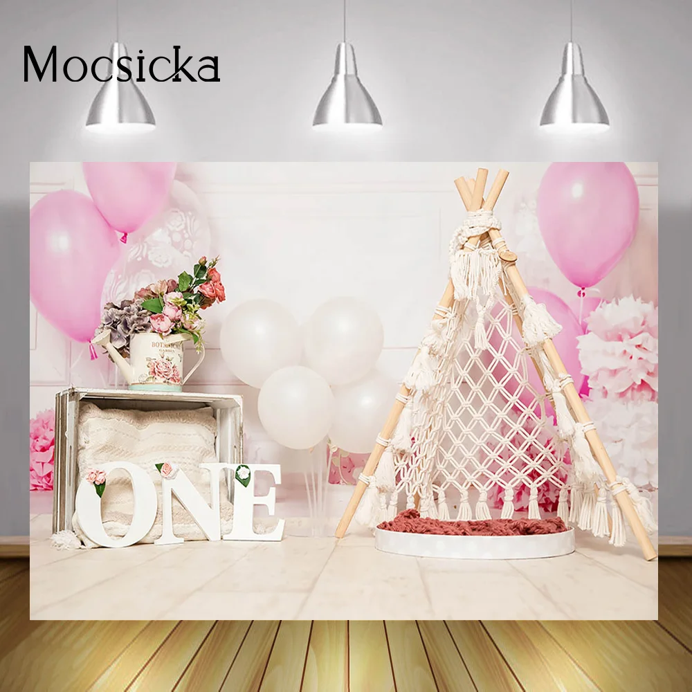

One Cake Smash Backdrop for Children Balloons Flowers Bohemia Tent Girls Birthday Background Photo Shoot 1st Newborn Photocall