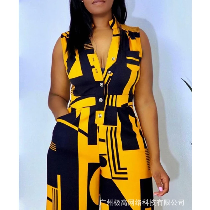 Women Jumpsuits Sexy Slim Fit High Waist Print Jumpsuits Women V-neck Single Breasted Sleeveless Stand Collar Wide Leg Jumpsuits
