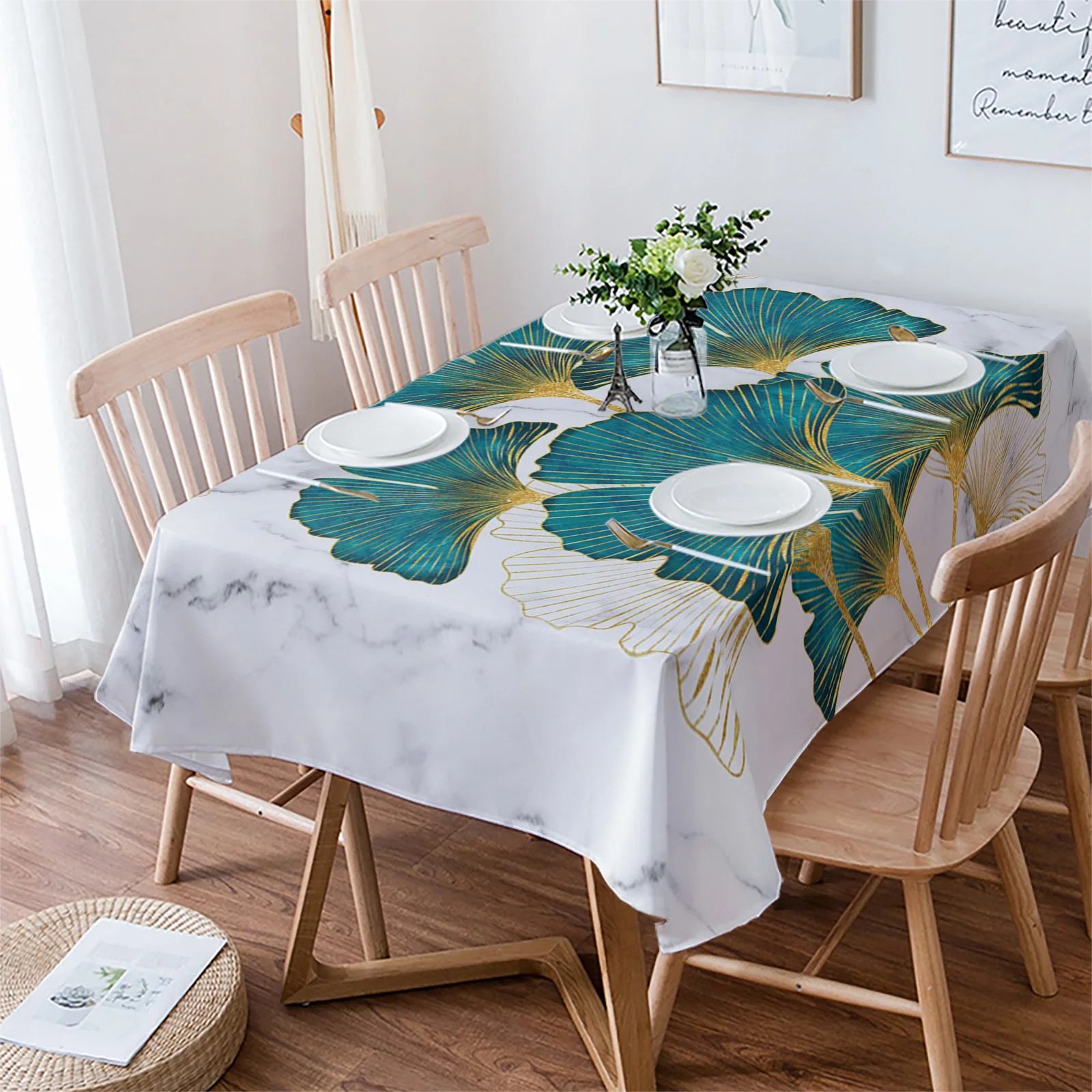 

Водонепроницаемая скатерть Ginkgo Biloba с мраморной текстурой, обеденный стол, прямоугольная, круглая, технические кухонные украшения