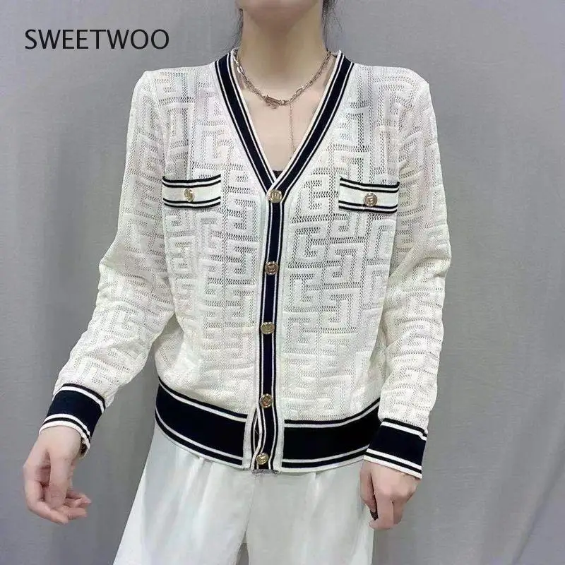 

2021 Spring Autumn New Women Knitted Cardigan Ladies Luxury Brand Letter Fashion V-Neck Pullover Female Long Sleeve Buttoned Top