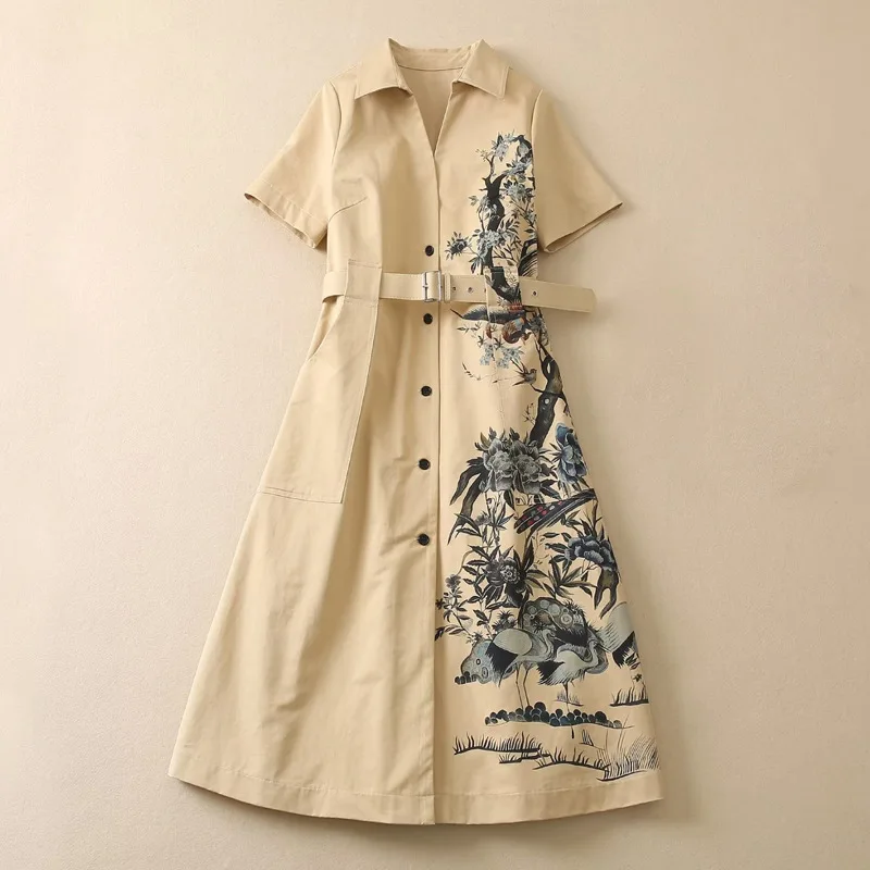 

Женское однобортное платье средней длины, платье с отложным воротником и коротким рукавом, с принтом абрикоса, со шнуровкой, весна 2023