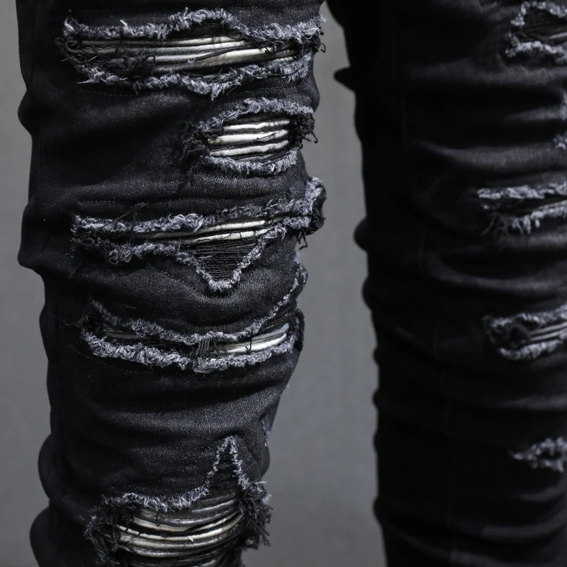 Street Fashion Men Jeans Retro Black Gray Elastic Stretch Skinny Broken Ripped Jeans Men Patched Designer Hip Hop Brand Pants