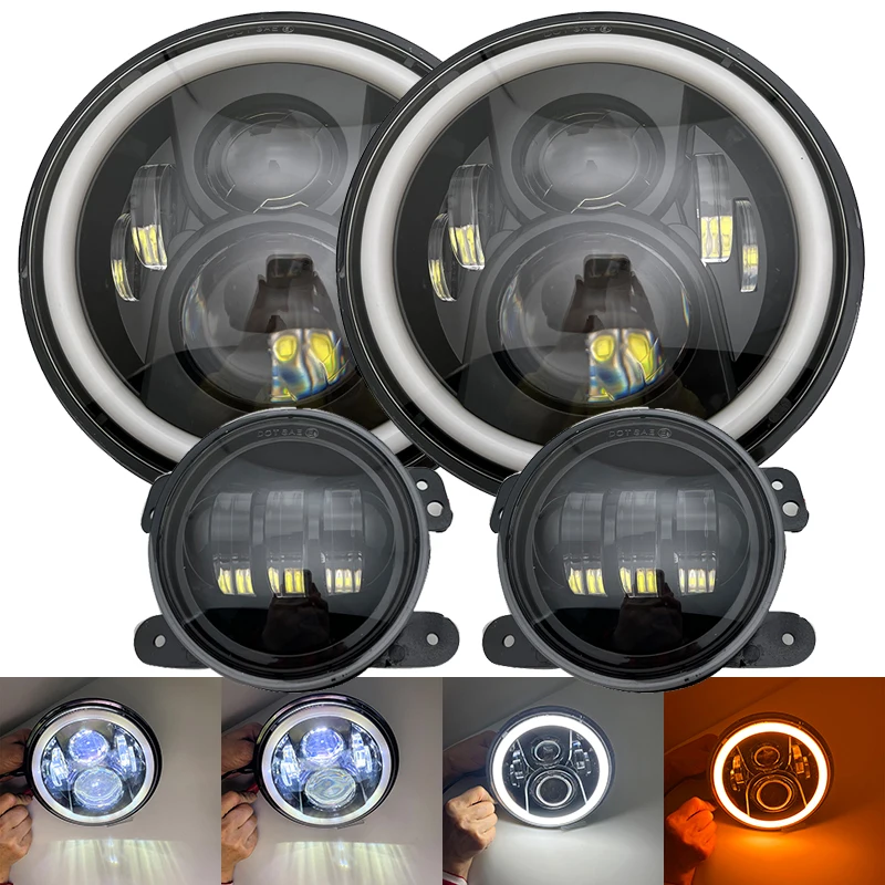 

7inch Round Halo Headlight DRL Headlamps+ 4inch Front Driving Passing Lamps Fog Lights Set For Jeep Wrangler JK Car Accessories