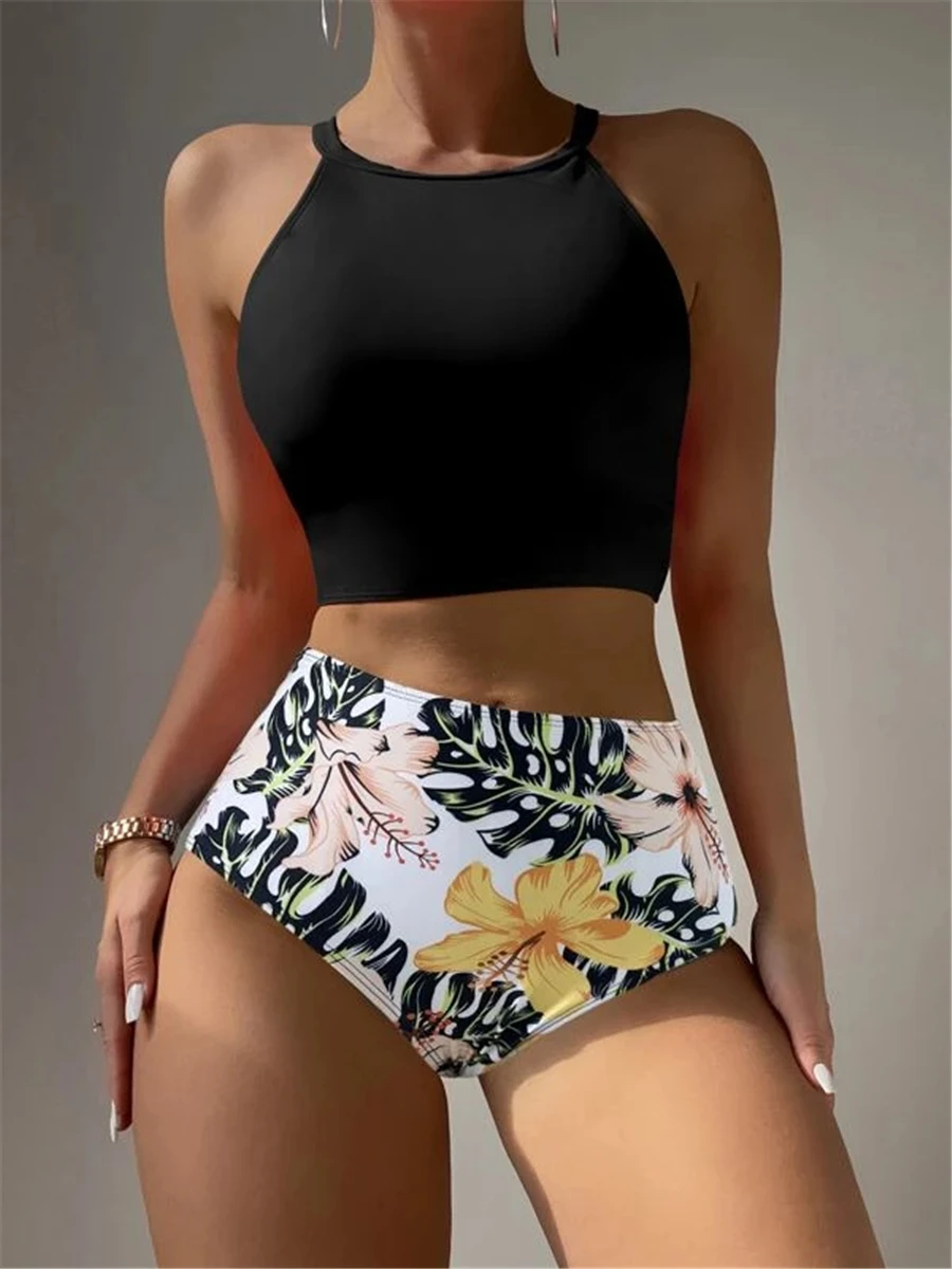 

Solid High Neck Bikinis 2023 Women High Waist Swimsuit Leaf Printed Swimwear Female Padded Beachwear Sexy Bathing Suit Biquine