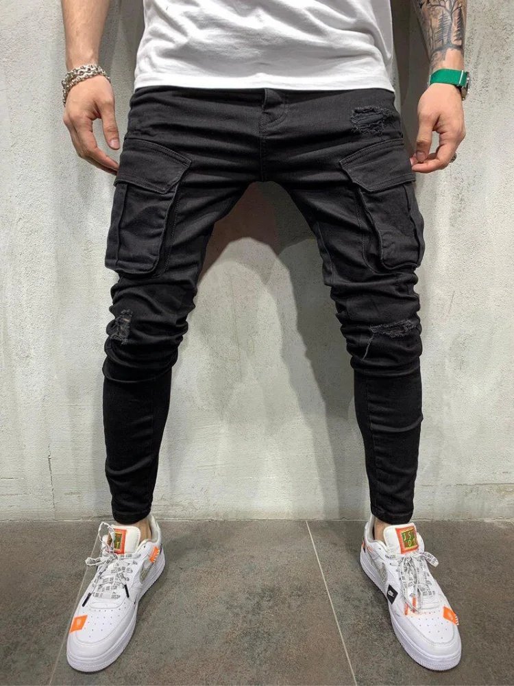 Men's Jeans Slim Fit Super Skinny Pocket High Quality Fashion Sweatwears Hip Hop Trousers Jogger Pencil Pants