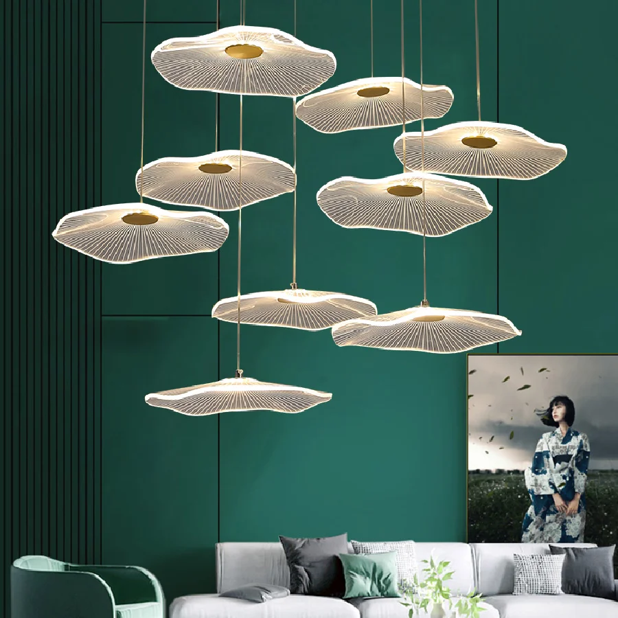 

Engraved Acrylic Lotus Pendant lights Modern led Pendant lamps for living room dining Stairs hotel hall hanging decoration