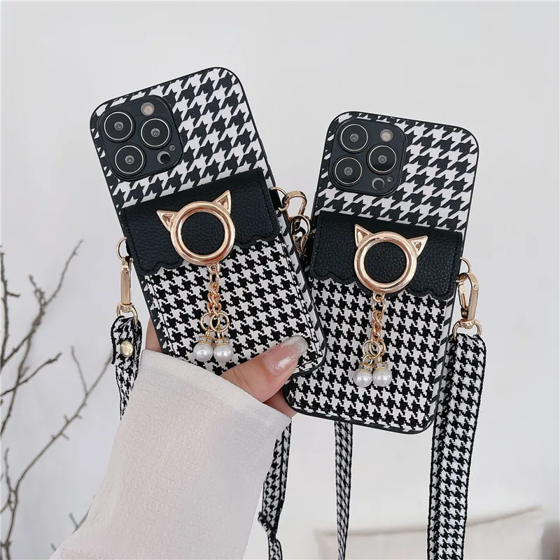 

Houndstooth Case For iPhone 14 Plus 13 12 Pro Max Crossbody Lanyard Cover For Samsung Galaxy S23 S22 S21 S20 Note 20 Ultra A73
