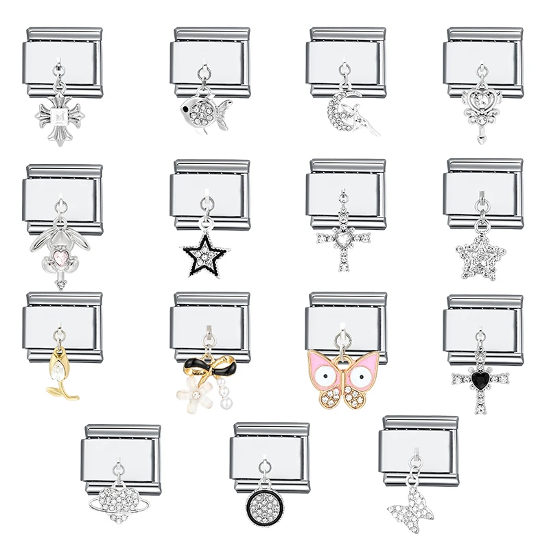 1PC Stainless Steel Charm Love Heart Cross Butterfly Pendant Italian Module DIY Splicing Links Bracelet Jewelry Findings