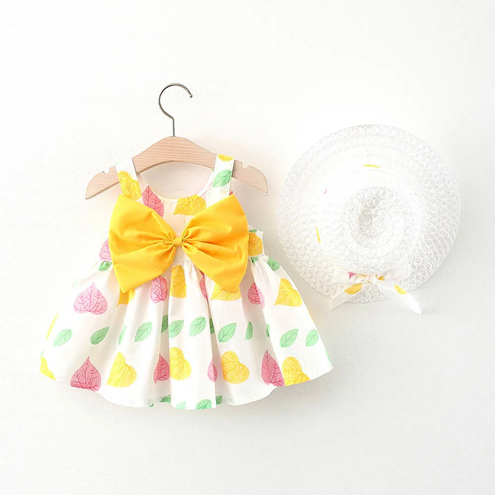 

Melario Girl Dress Outifits 2022 Summer Baby Girl Sleeveless Leaf Print Dress Cute Big Bow Baby Tutu Princess Dress with Sunhat