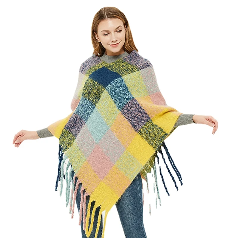 

CHENKIO Women's Elegant Knitted Shawl Poncho with Fringed V-Neck Lattice Sweater Pullover Cape Gifts for Women