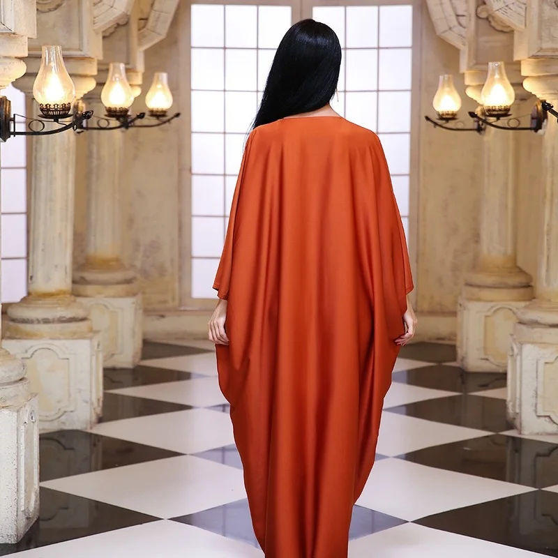 Eid Satin Dress Dubai Abaya Kaftan Women Handsewn Diamond Long Batwing Sleeve Hijab Dresses Muslim Islam Turkey Clothes Orange