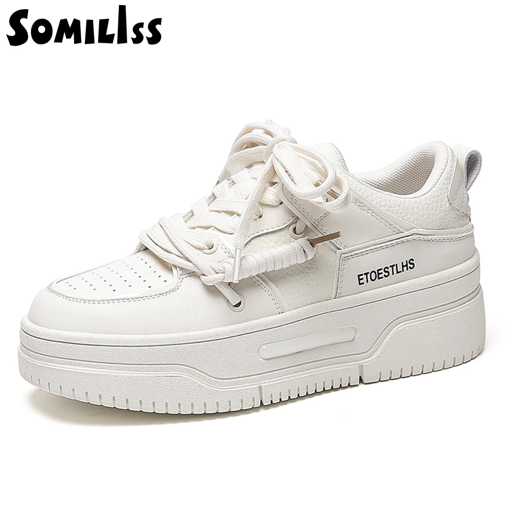 Somiliss Genuine Leather Women Chunky Sneakers Lace-Up Round Toe Fashion Platform Ladies Spring Casual Shoes Designer Brand