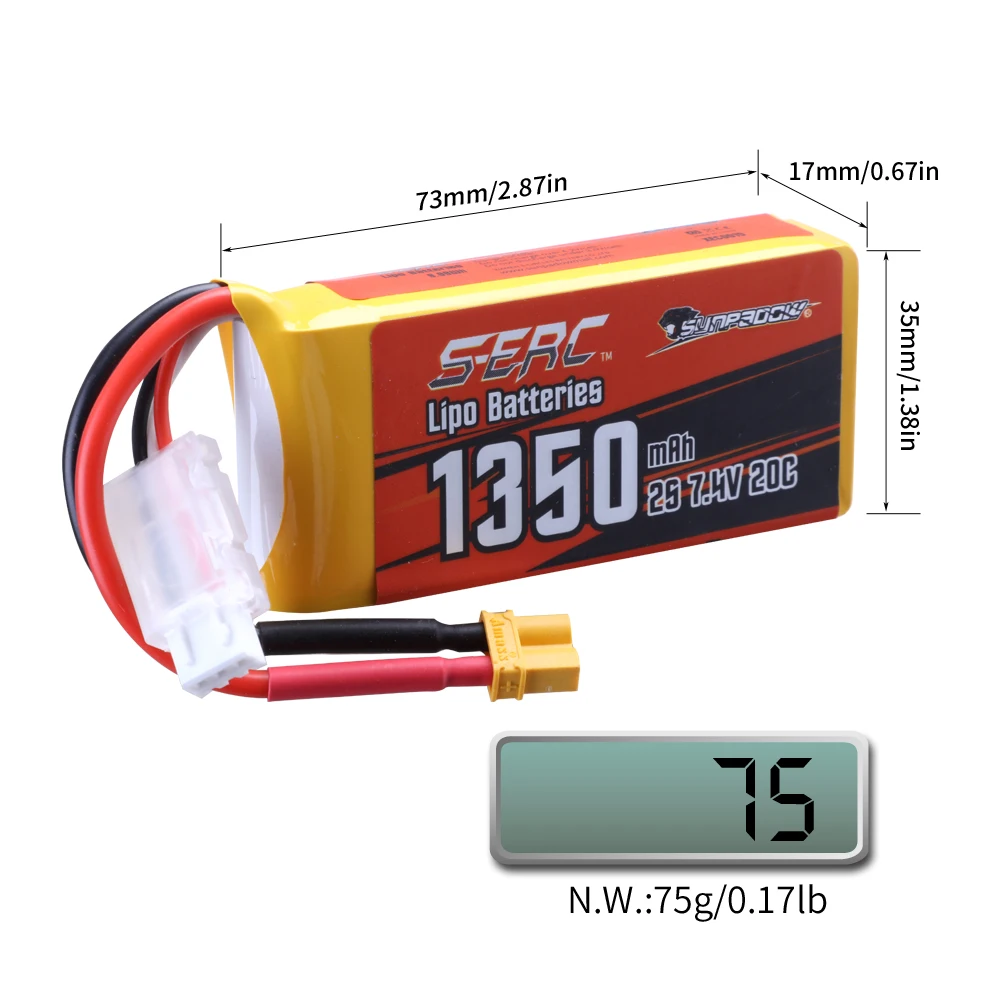 Sunpadow 2S Lipo Battery for 7.4V 900mAh 1350mAh 20C 25C Batteries Soft Pack with JST XT30 Plug for RC Airplane Quadcopter 2pack images - 6