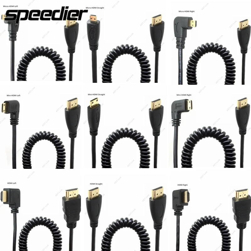 HDMI-compatible HDMI To Right & Left Angle Mini HDMI & HDMI & Micro HDMI Male To Male Stretch Spring Curl Flexible Cable V1.4