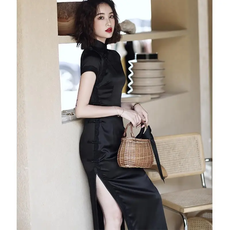 

2022 Chinese style women vintage cheongsam tang suit casual daily retro satin sexy oriental qipao slim split 3XL daily dress a7