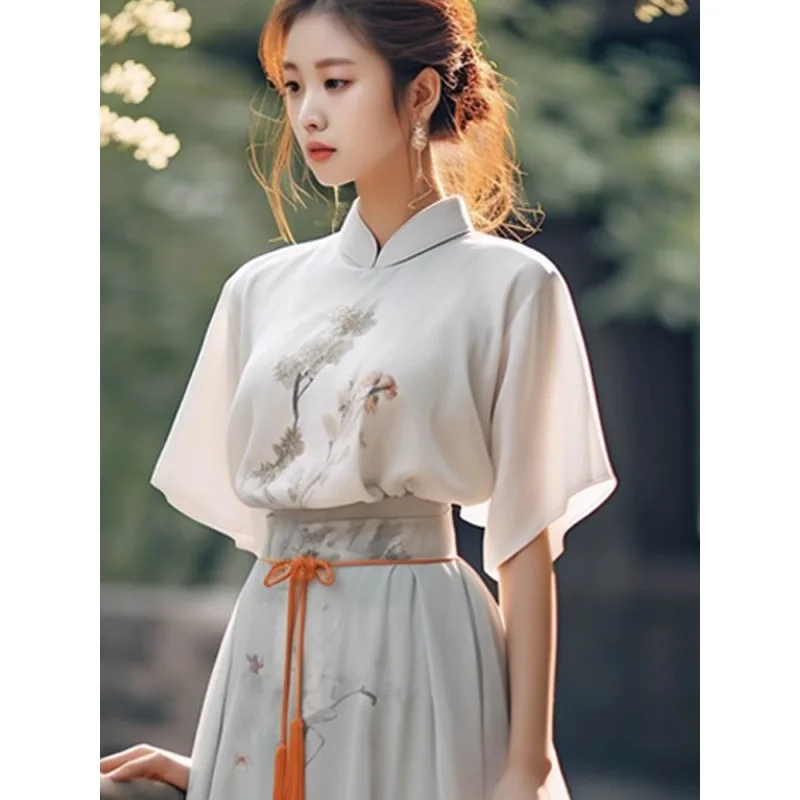 

Женское платье с коротким рукавом Yourqipao, белое элегантное свободное платье Hanfu с принтом лошади, 2 шт., лето 2023